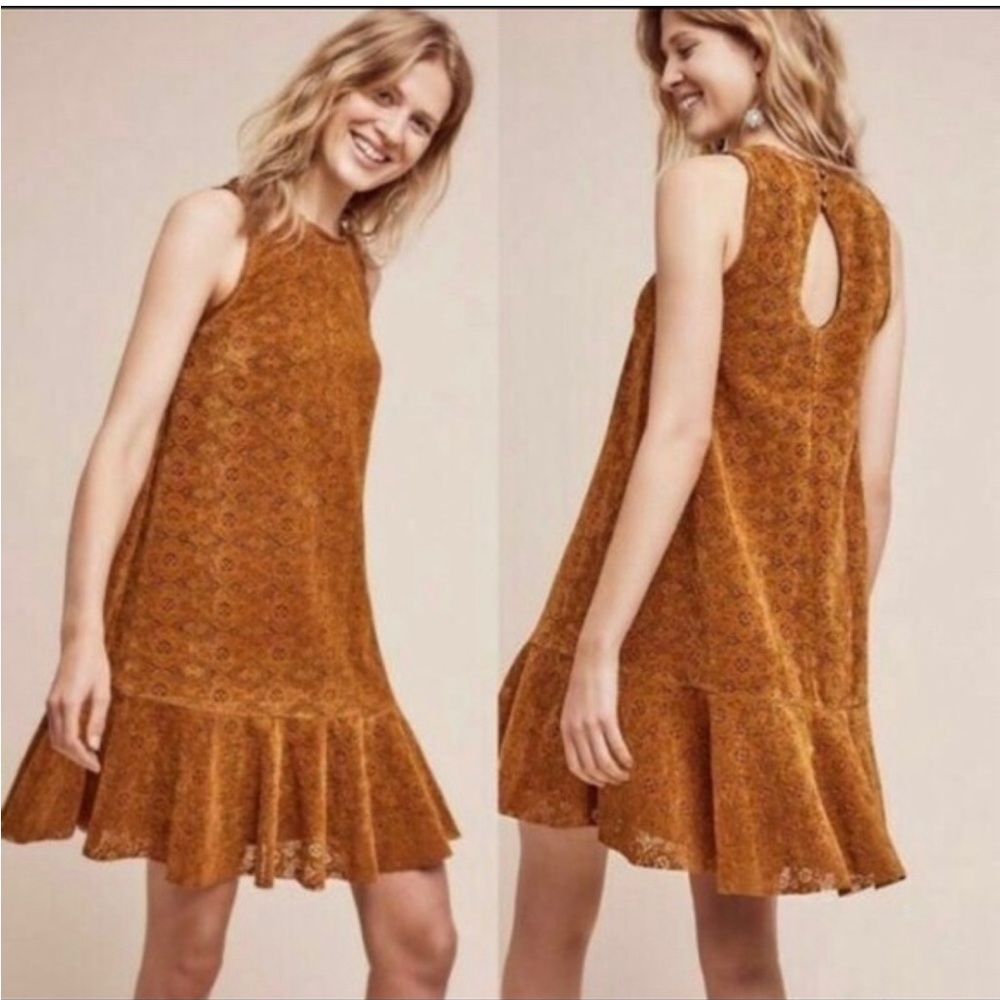 Maeve Anthropologie Amis Dress Brown Velvet Ruffle Hem Dress Size 0 UK 4…